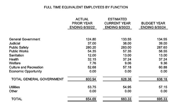 A table from the Carson City 2024 final budget showing full-time equivalent employees.