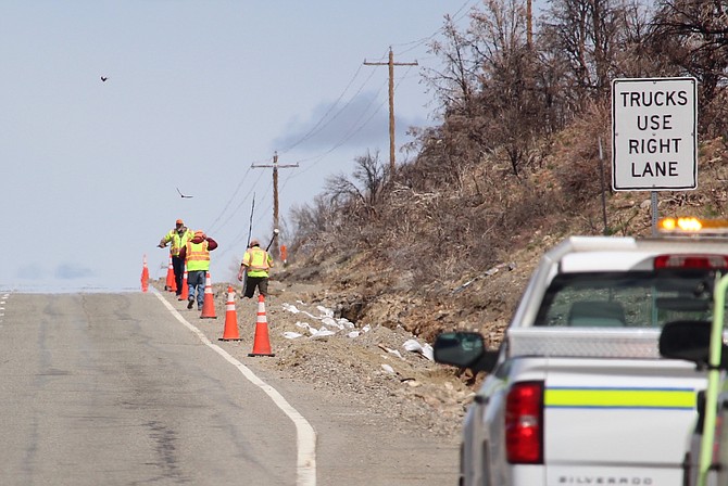 A Nevada Department of Transportation crew along Highway 395 just north of Holbrook Junction in April.