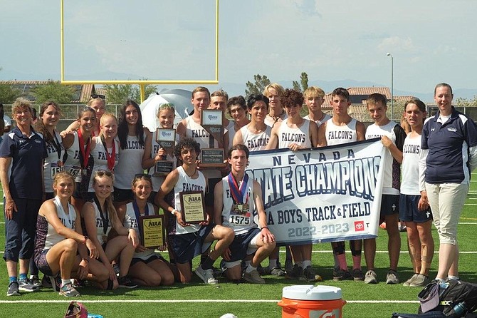 The Sierra Lutheran boys and girls track teams pose for a photo at Liberty High School, where the Falcon boys were crowned Class 1A state champions. The Sierra Lutheran girls just missed out on their own state title, finishing second.
