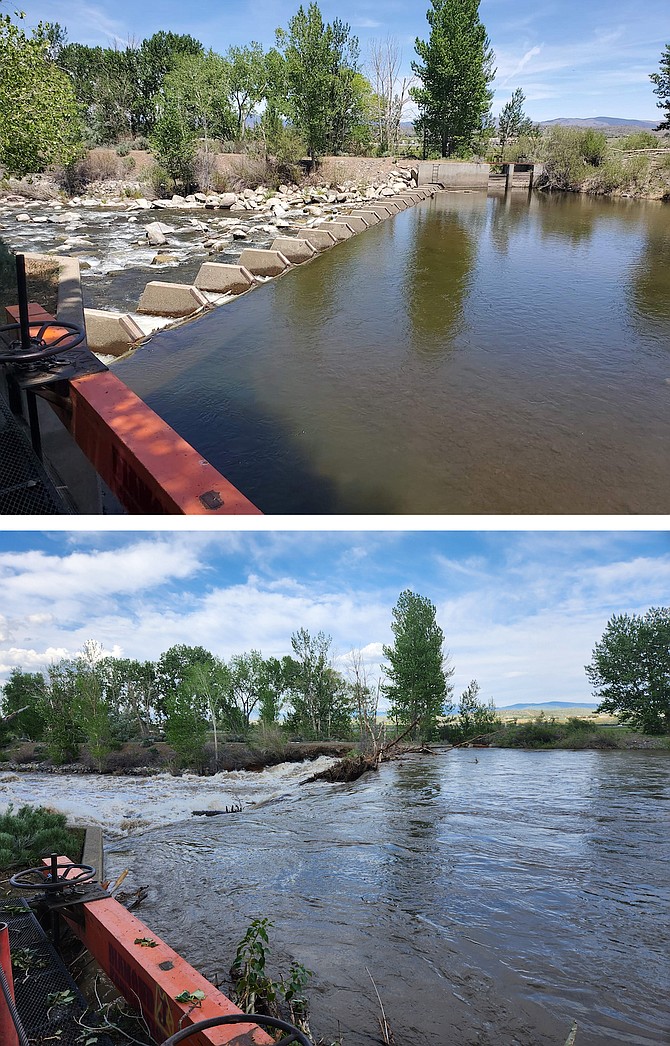 A diversion dam on the East Fork last year and this in two photos taken by Gardnerville resident Christine Mills.