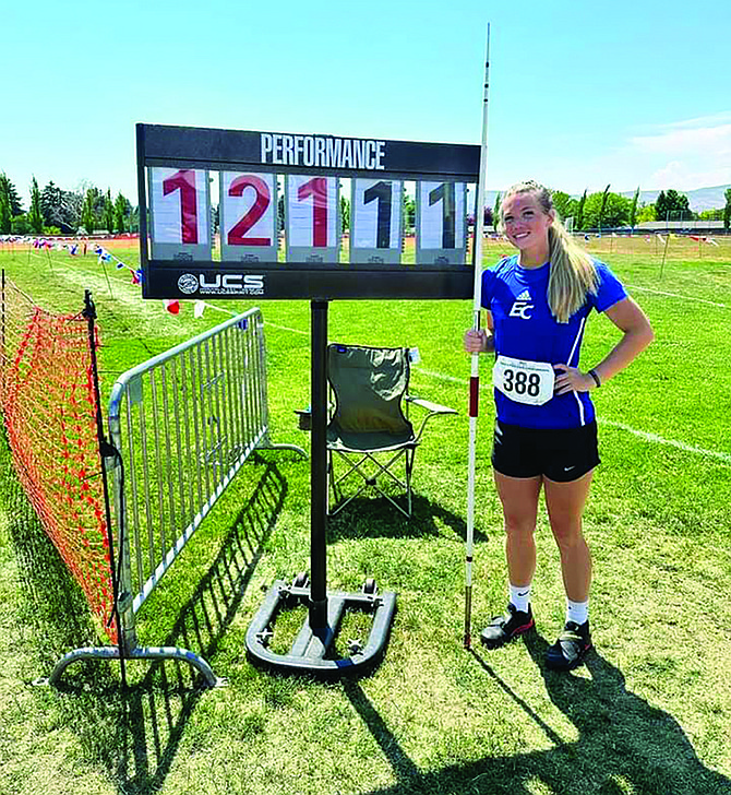 Eatonville's Brooke Blocker poses with her state championship-winning distance in the 1A javelin.