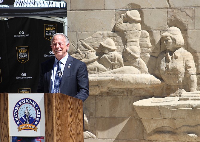 Gov. Joe Lombardo speaks at the Flag Day and Army birthday celebration at the Nevada Veterans Memorial on June 14, 2023.