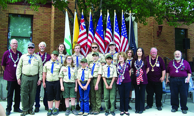 Members of Fallon Elks Lodge 2239 and Boy Scouts Troop 1776 stand in front of flags displayed during last week’s Flag Day ceremony.
Front row from left: Steve Endacott, Jack Fecht, Dylan Clark, Gavin Sellstorm, Benjamin Hallquist, Jack Willey, Nancy Balash and Sarena Whisenhunt.
Back row: Ed McFeaters, Ron LaValley, Aidan Clark, Austin Thibodaux, Johnny Schoenmeier, Zandar Sheldon-Davis, Leo Arcoraci, Jim Alexander and Gary Butori.