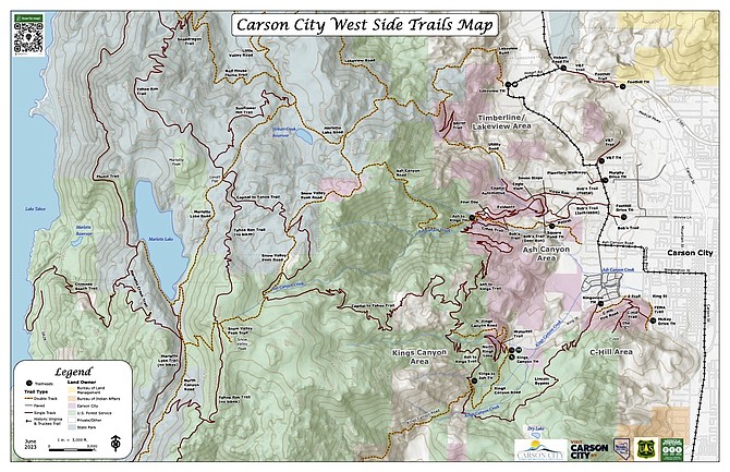 Carson City map showing the Capital to Tahoe Trail, including a QR code for mobile navigation.