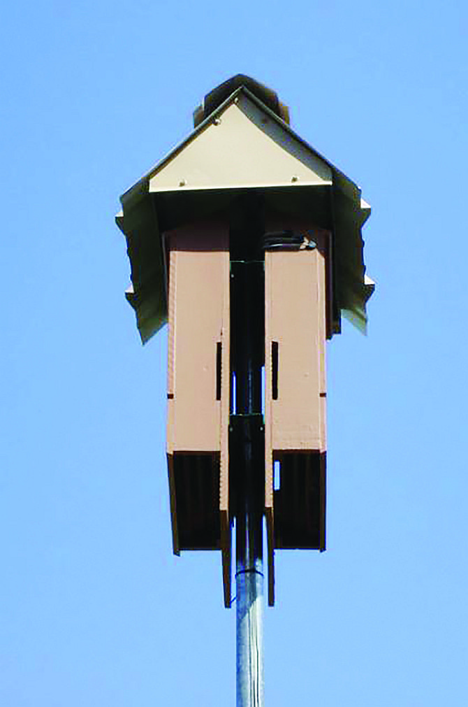 Two 4-chamber bat houses mounted back-to-back on a pole.