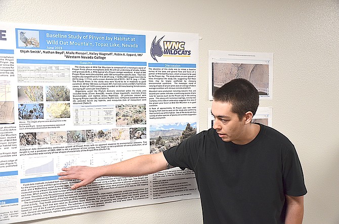 Western Nevada College student Elijah Smith presents about his group’s research project — the baseline population of the Pinyon Jay habitat on Wild Oat Mountain at Topaz Lake — during a public poster presentation on June 27.