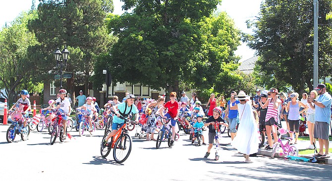 The start of the bike parade around Minden Park on July Fourth in 2021.