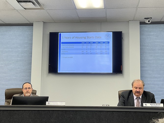 Carson City Supervisors Maurice White and Stacey Giomi analyze housing start data in a hearing about growth management and residential building permit allocations Thursday.
