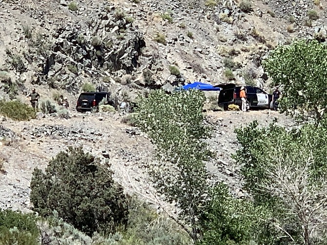 Photo from CCSO showing authorities in Brunswick Canyon above the Carson River where a body was found Saturday.