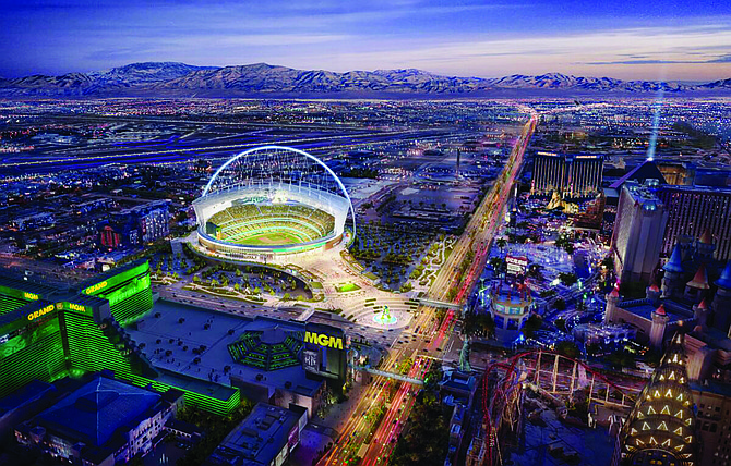 A rendering of the A's proposed $1.5 billion, 30,000-seat, retractable roof ballpark on the Strip and Tropicana Avenue. (Courtesy Oakland A's)