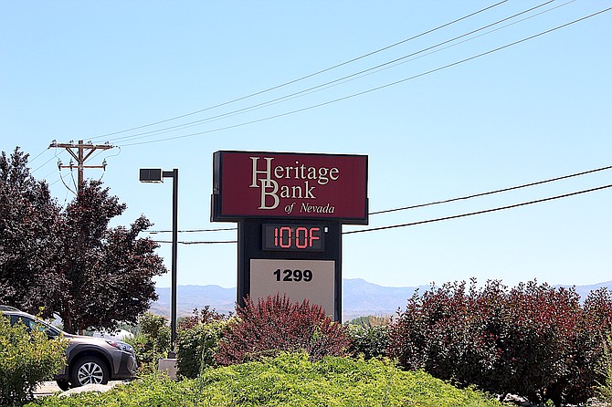 The Heritage Bank sign in Gardnerville registered 100 degrees at 2 p.m. Friday. While that sign tends to exaggerate a bit, It was definitely warm as a heat wave approaches Carson Valley.