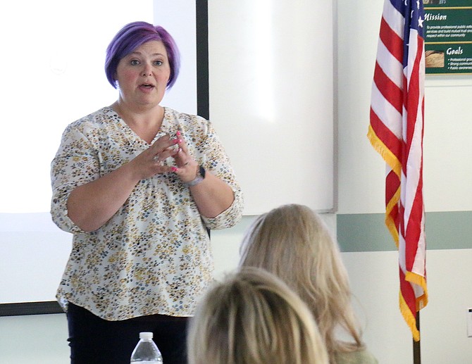 Traci Trenoweth, Sexual Assault Response Advocates coordinator for Advocates to End Domestic Violence, describes SARA’s role in assisting survivors of sexual assault during a presentation on July 11 at the Carson City Sheriff’s Office.