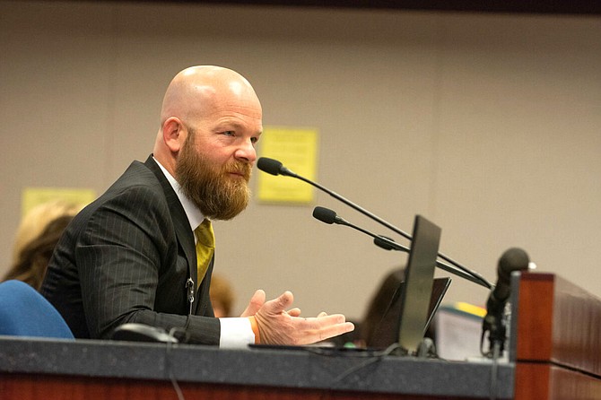 Former Assemblyman Justin Watkins, a trial lawyer representing the Nevada Justice Association, during an Assembly Committee on Judiciary hearing at the Nevada Legislature on May 9, 2023 in Carson City.