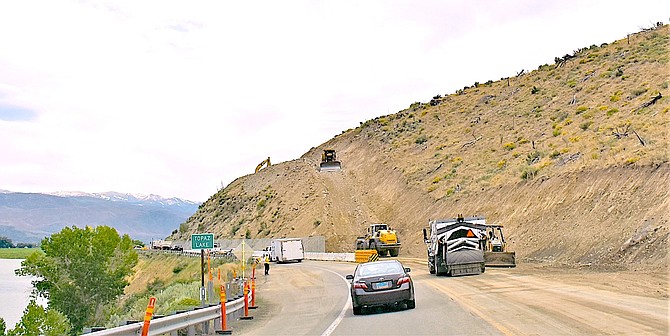 Work to move Highway 395 away from High Point Curve is underway at Topaz Lake. Photo special to The R-C by Tim Berube