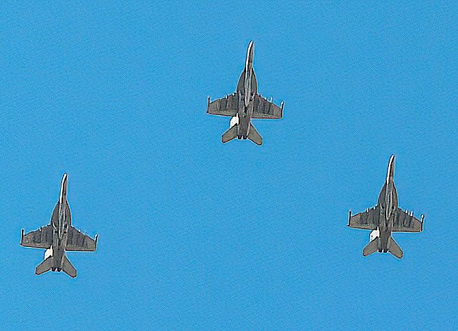 A flight of F-18s flew over Carson Valley on Thursday, the day before President Joe Biden arrived in Reno for a vacation at Lake Tahoe.