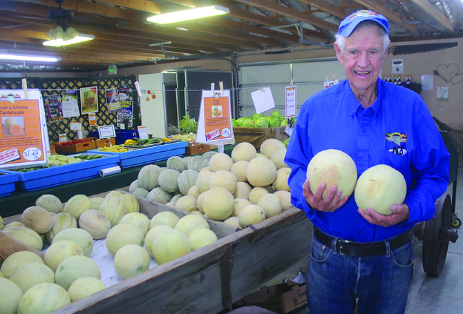 Rick Lattin, one of the largest producers of cantaloupes in Nevada, holds the Sarah’s Choice cantaloupe, some weighing 12 pounds.