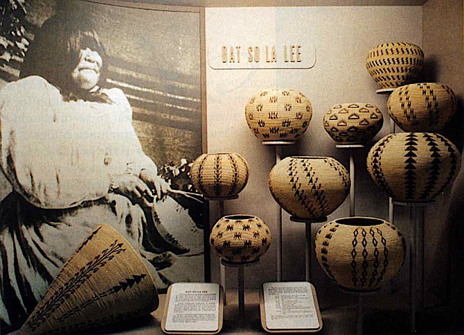 The Dat So La Lee display at the Nevada Historical Society in December 2002 after the recovery of the priceless baskets stolen a quarter century before. The Nevada HIstorical Society photo was published in Nevada Magazine.