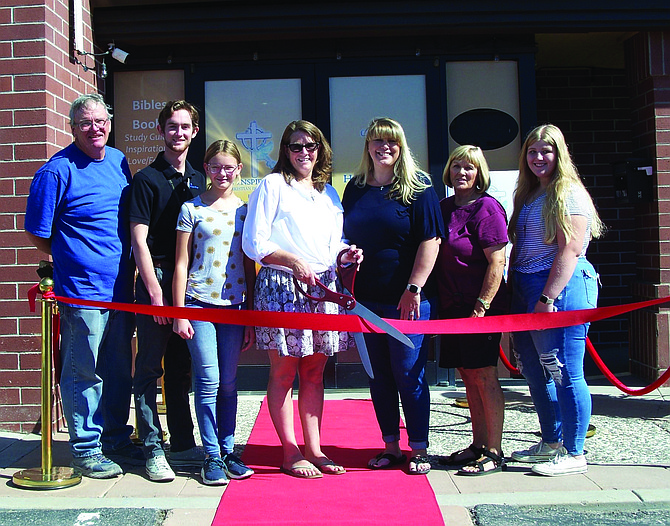 Fallon Chamber of Commerce rolls out the red carpet for the change of ownership at His Inspirations. From left are Rodney Williams, Joey Lee, Rachel Williams, Bonnie Williams, Wende Hook, Linda Hucke and Camryn Hook.