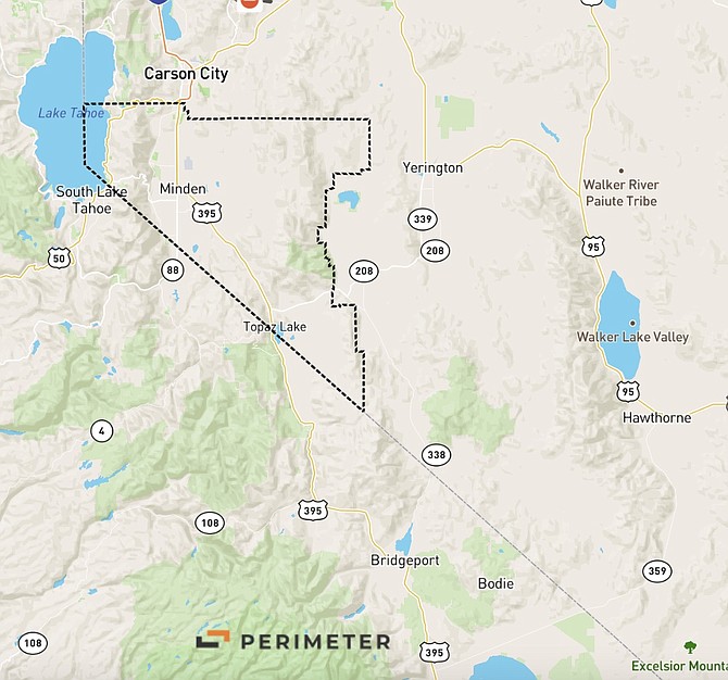 The icon north of Douglas indicates Six Mile Canyon Road in Lyon County is closed for maintenance through Thursday on the new Perimeter program.
