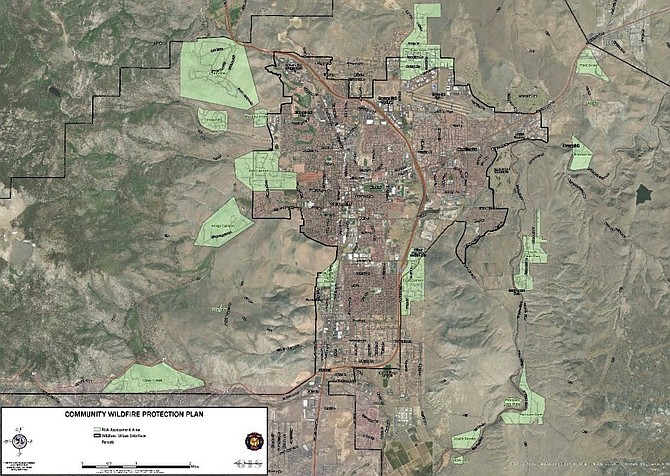 A map from Carson City Fire Department showing the city’s current wildland-urban interface (black) with risk assessment areas in green.