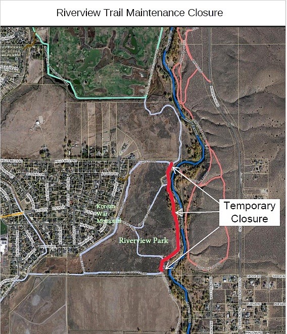 Map showing partial trail closure at Riverview Park on Monday and Thursday. The park itself will be closed to the public Tuesday to Wednesday.