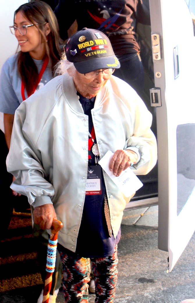 Beatrice Thayer, who served  in the Army during World War II and later in the Nevada Army National Guard, is visiting the National World War II Museum in New Orleans in a trip sponsored by the Gary Sinise Foundation. She and other veterans left Wednesday morning from the Reno-Tahoe International Airport.