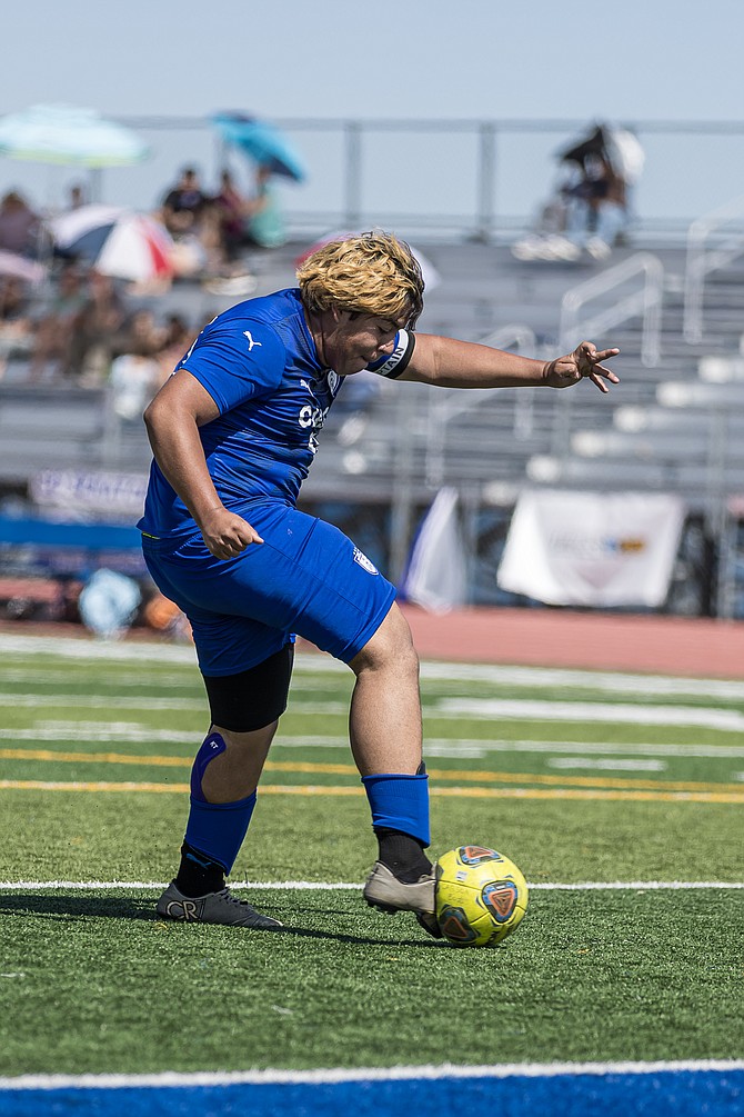 Carson High’s Rene Gonzalez strikes the first goal of the game as the Senators bested Douglas, 3-0, on Saturday at Carson High.