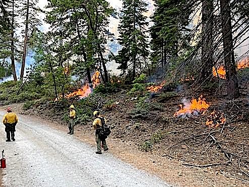 Firefighters work on the Quarry fire burning south of Strawberry on the west slope of the Sierra.