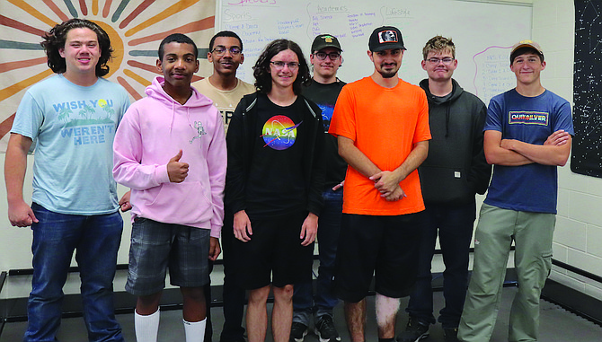 The Churchill County FIRST Robotics Competition team includes, from left, Tony Aja, Eli Burnett, Kalel Burnett, Derek Lattin, Steven Pine, Sesario Lopez, Nicholas Edie and Isaiah Dart.