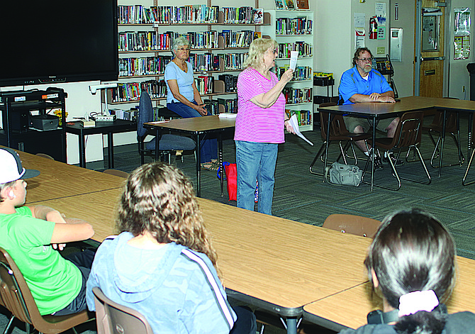 Retired librarian Jeannette Strong gives a presentation to Churchill County Middle School seventh graders on the background of the U.S. Constitution.