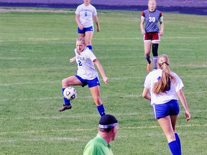 Eatonville’s Mary Van Eaton secures a pass from a teammate in a match against W.F. West. Van Eaton would score the only goal in the Cruisers' 1-0 victory over Yelm.