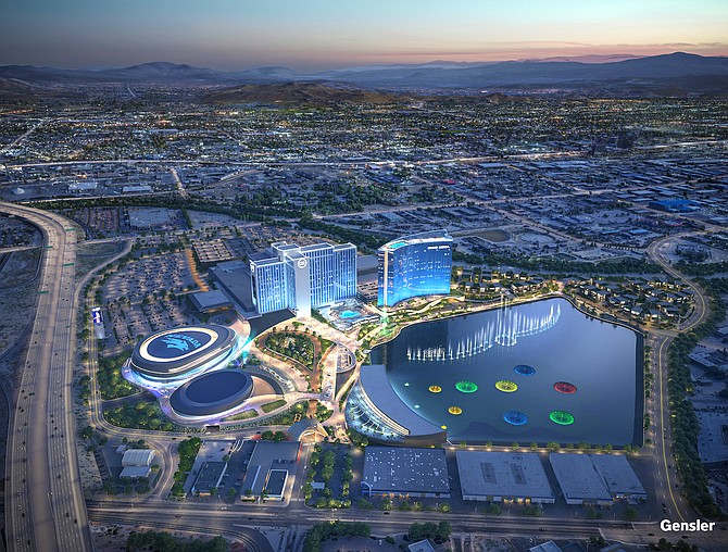 A rendering of Grand Sierra Resort’s proposed sports stadium and concert venue, 800-room hotel tower, aqua golf facility, and 300-unit workforce housing complex.