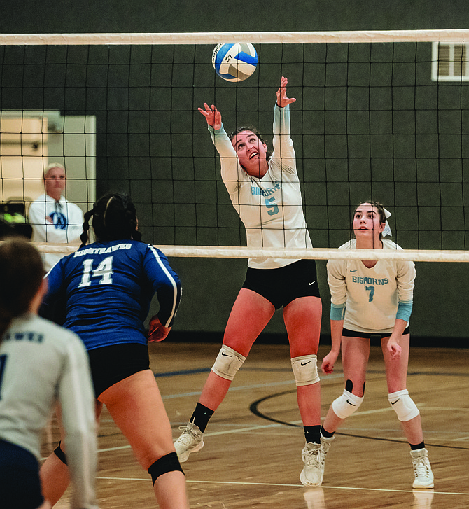 Oasis Academy’s Alyssa Ayers passes the ball in the Bighorns' three-game sweep of Silver Stage on Friday.