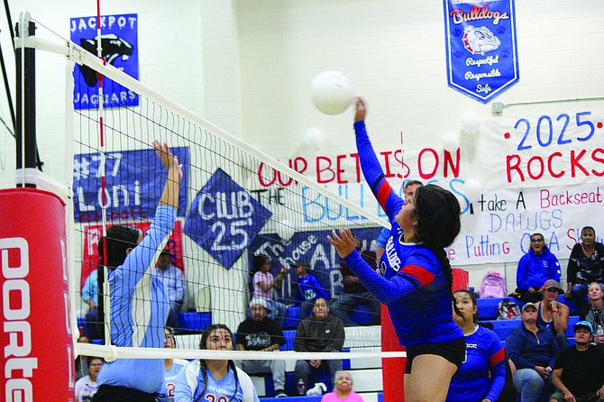 McDermitt's Breena Crutcher goes up for a kill against Owyhee in the Lady Bulldogs' three-set sweep over the Braves on Thursday in McDermit.