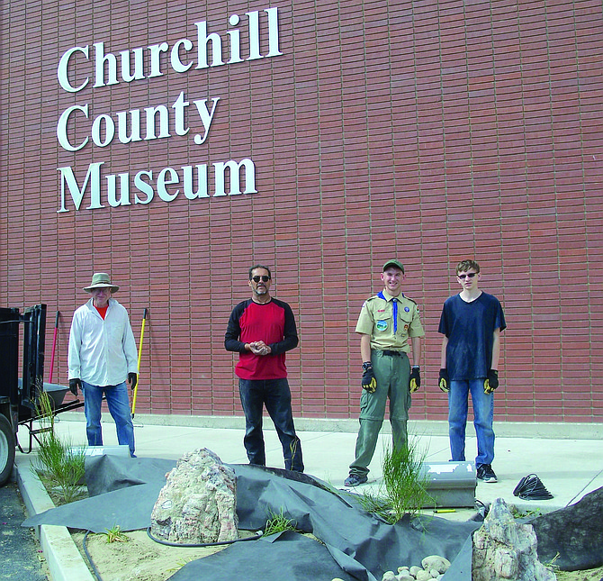 Matthew Melancon renovated the landscaping at the Churchill County Museum for his Eagle Scout rank advancement project, assisted by his father, Joseph Melancon, landscaper Manuel Gonzalez and Boy Scout Troop 494. 
From left: Joseph Melancon, Gonzalez, Matthew Melancon and Sevrin Green.