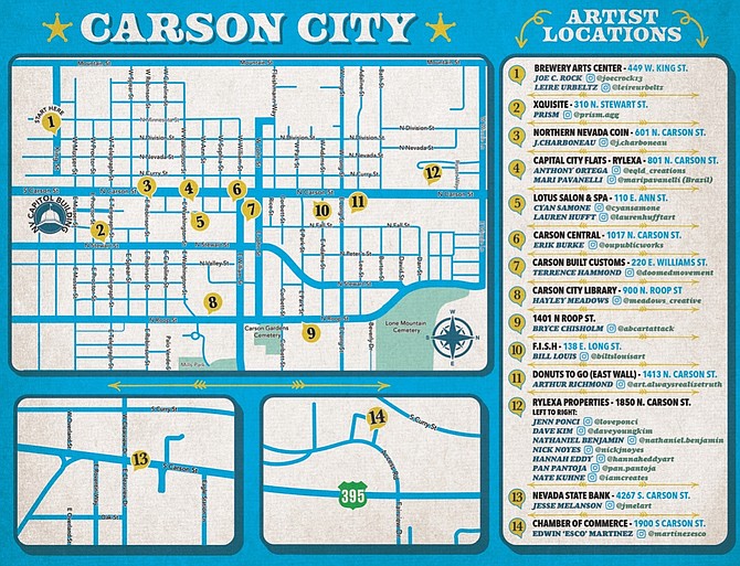 A map showing artists and locations for several murals created in the Carson City Murals & Music Festival on Oct. 28-30.