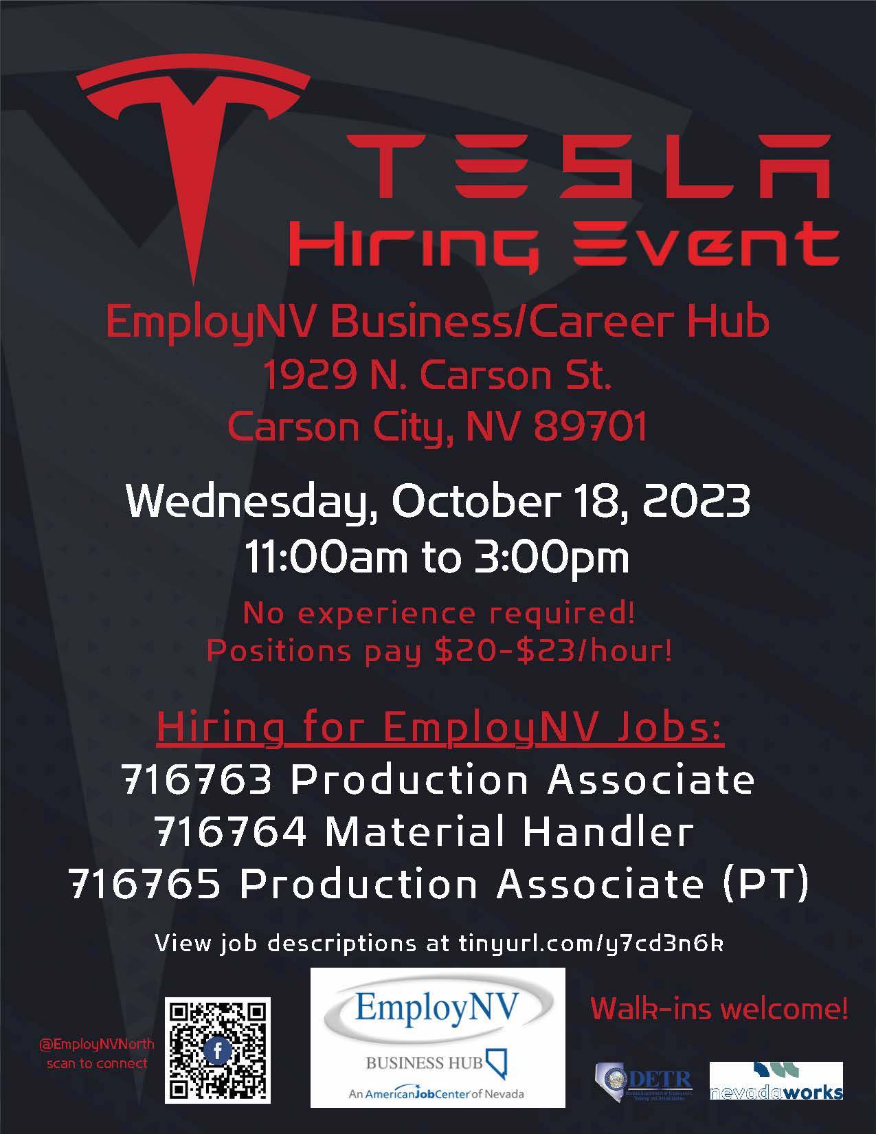 Tesla hiring event in Carson City Oct. 18 Serving Carson City for