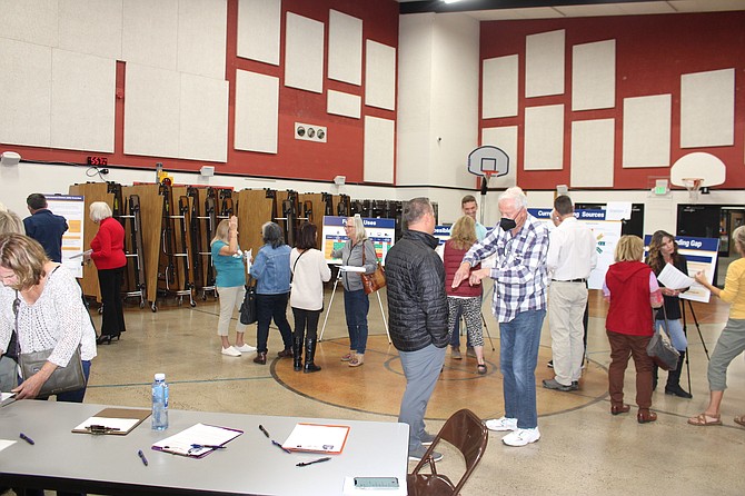 A crowd in the gym of Seeliger Elementary School in Carson City on Tuesday for a road-funding workshop.