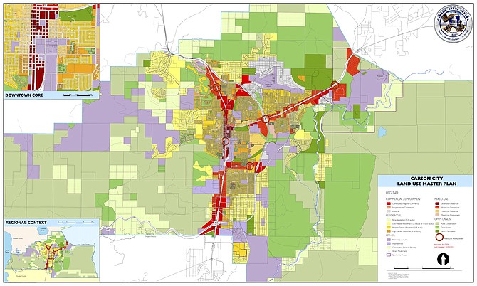 A Carson City map showing land use designations in the Master Plan. The Board of Supervisors will consider hiring a consultant for a Master Plan update at their Thursday meeting.