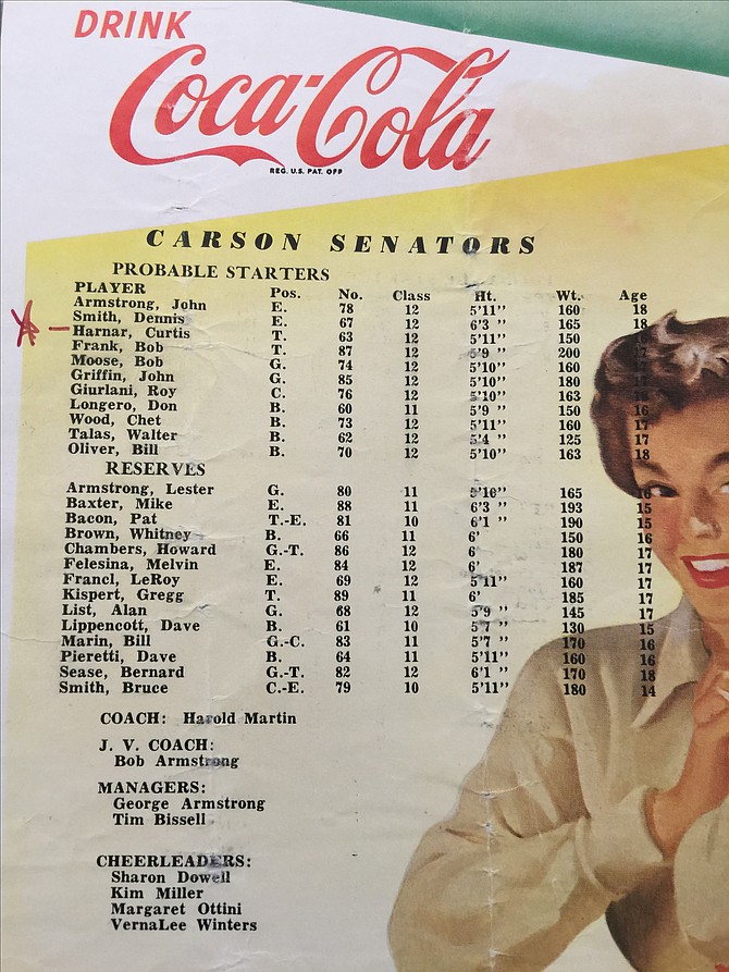 A look at the starting lineups between Carson and Douglas for the 1956 rivalry game. The Senators blew out the Tigers, 70-0, which still stands as the most lopsided result since the series began.