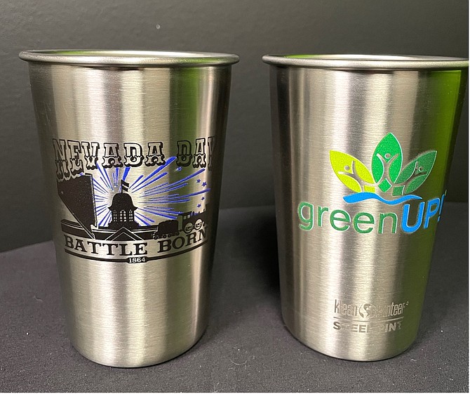 Reusable stainless steel cups available for purchase at participating businesses.