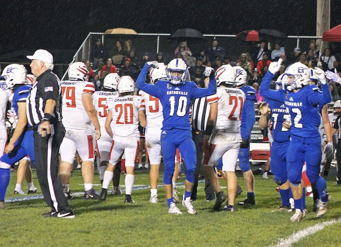 Eatonville's Max Henley (10)celebrates after sacking Orting quarterback Zach Gelmar on a third-down play.