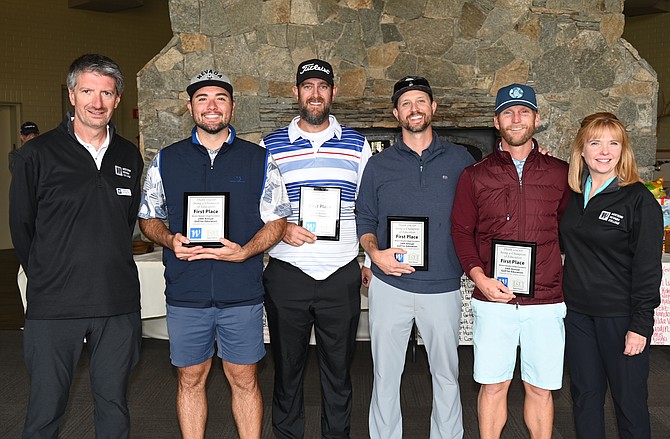 Advanced Health Care of Reno's foursome of Johnny Hunt, Aaron Copeland, Matt Ewert and Brendan Ryder won the Golf for Education with a score of 32-under-par 40. They are flanked by WNC President Dr. J. Kyle Dalpe and WNC Foundation Executive Director Niki Gladys.