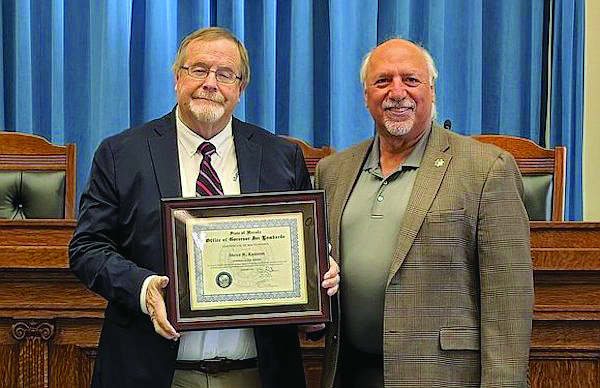 Longtime Fallon resident, journalist and retired military officer Steve Ranson, left, was named September’s Veteran of the Month by the Nevada Department of Veterans Services. Lt. Gov. Stavros Anthony presented a certificate of recognition.