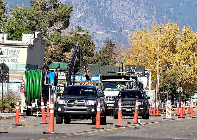 Southbound traffic is down to one lane on Highway 395 in Gardnerville on Monday. Utility work in preparation for next spring's repaving is expected to continue until Thanksgiving.