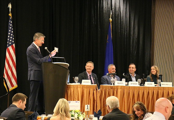 Western Nevada College President Kyle Dalpe leads a panel of speakers at the Northern Nevada Development Authority’s “Business Edge” luncheon on Oct. 26 featuring Bob Potts, Jeff Brigger, Kyle Rea and Tomi Jo Lynch at the Atlantis Casino Resort Spa in Reno.