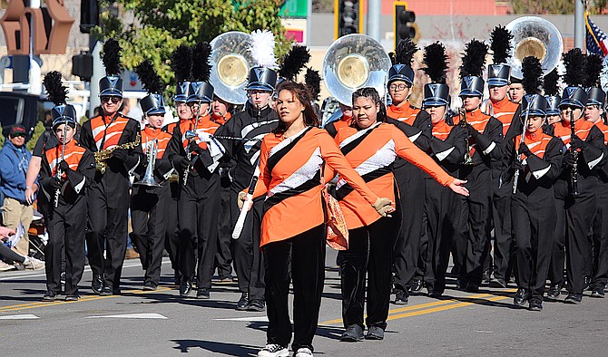 The Douglas High School marching band performs in Saturday's 2023 Nevada Day Parade.