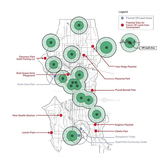 The map illustrates existing OLAs (green dots). The blue dots indicate locations of three new sites already in the planning phase, as funded by the previous cycle of the Metropolitan Park District (MPD). The current MPD cycle (2023-2029) provides funding for the construction of two new OLAs and the design of a third.