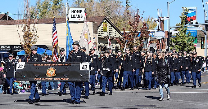 Members of the Douglas High School Tiger Battalion march in Saturday's Nevada Day Parade.