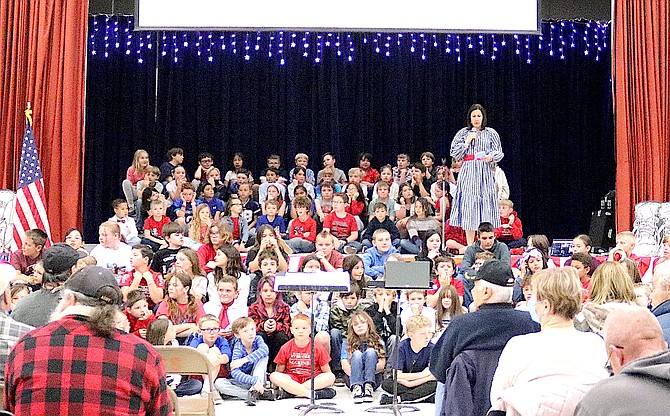Scarselli Elementary School Students participate in a Veterans Day assembly on Tuesday morning.